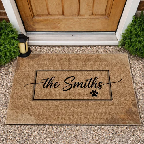 Custom Family Name Calligraphic Paw Print Black Border - Home Decor for Pet Lovers Doormat