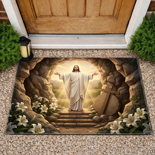 Resurrected Jesus Christ Cross Tomb - Easter Celebration Christian Family Gift Doormat