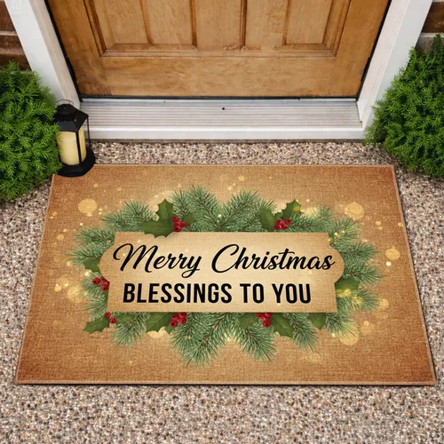 Merry Christmas Blessings Frosted Pine Holly Berries - Christmas Holiday Decor Doormat