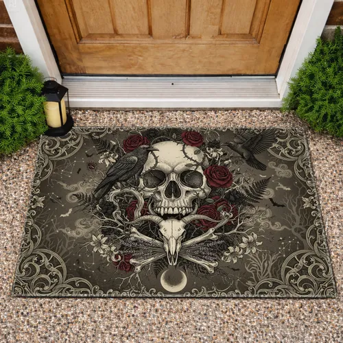 Ornate Skull Raven Gothic Scrollwork - Dark Academia Home Decor Gift Doormat