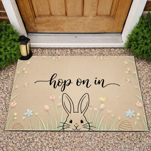 Bunny Head "Hop On In" Script Spring Meadow Easter Eggs - Welcome Decor Doormat