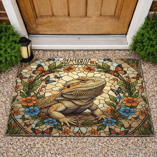 Puff Bearded Dragon Stained Glass Flowers Butterflies - Wildlife Lover Gift Doormat