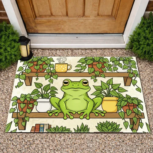 Friendly Frog Houseplants Wooden Shelf Decor - Home Decor Gift for Houseplant Lover Doormat