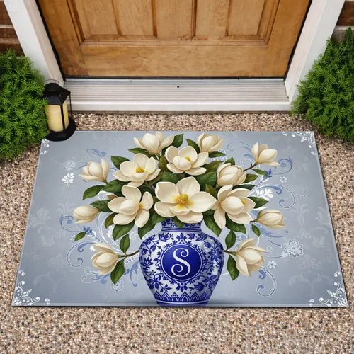Magnolia Monogram Custom Letter Blue White Vase Floral Blooms - Home Decor Gift Doormat