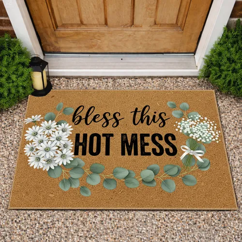 Bless This Hot Mess Eucalyptus Daisy Baby's Breath Floral - Home Decor Gift Doormat