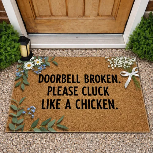 Cluck Like Chicken Doorbell Message with Eucalyptus Daisies - Funny Home Welcome for Chicken Lovers Doormat