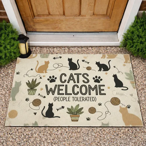 Cats Welcome People Tolerated Paw Print Silhouettes - Cat Lover Home Decor Doormat