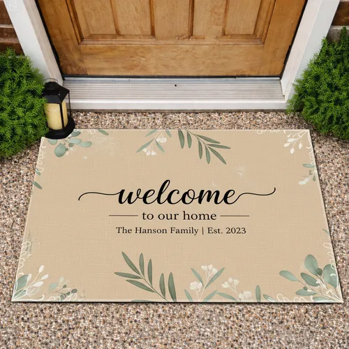 Welcome Script To Our Home Olive Leaf Scrollwork - New Housewarming Home Decor Gift Doormat