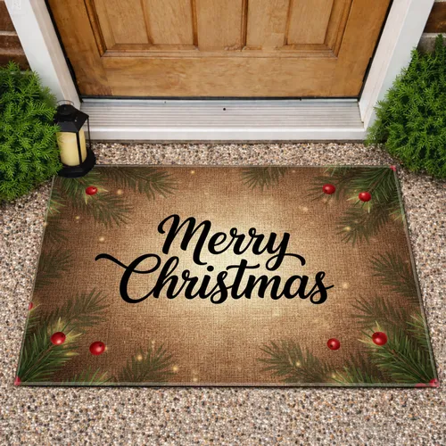 Merry Christmas Evergreen Holly - Christmas Holiday Decor Doormat