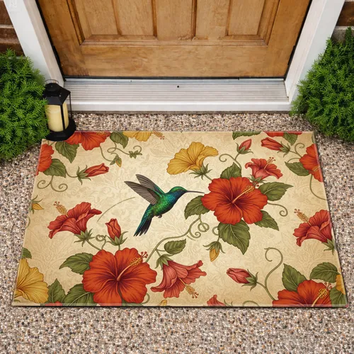Emerald Hummingbird Hibiscus Flowers Vintage Botanical - Home Decor Gift for Nature Lover Doormat