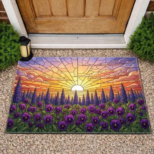 Purple Pansies Indigo Lupine Spires Flower Field Stained Glass Sunset - Home Decor Gift Doormat