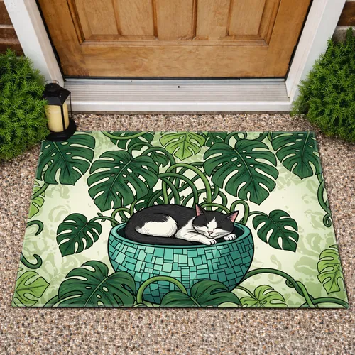 Tuxedo Cat Sleeping in Planter Monstera Leaves - Home Decor Gift for Cat Lover Doormat