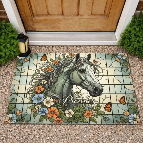 Custom Name Stained Glass Horse Head Wildflower Puzzles - Home Decor Gift for Horse Lover Doormat