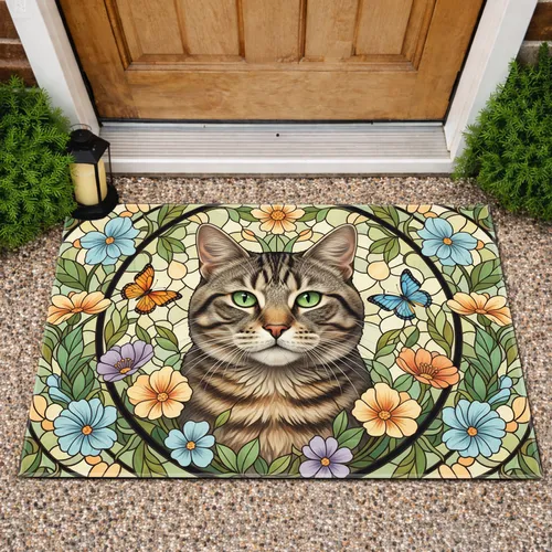 Tabby Cat Portrait Stained Glass Florals - Cat Lover Home Decor Gift Doormat
