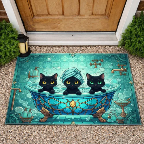 Black Cats Turban Clawfoot Bathtub Spa Relaxation Home Decor Gift Cat Lover Doormat