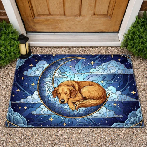 Golden Retriever Sleeping Crescent Moon Luminous Stars - Peaceful Celestial Dog Lover Gift Doormat