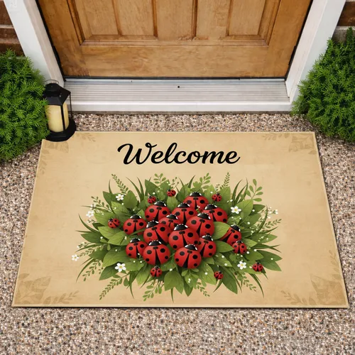 Welcome Script Ladybug Green Foliage - Everyday Outdoor Decor Gift Doormat