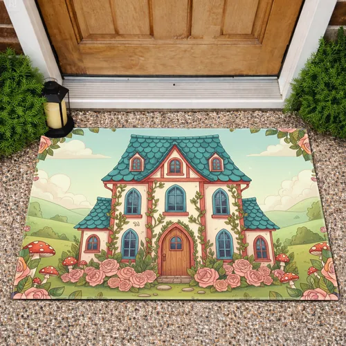 Two Story House Teal Scalloped Roof Roses Mushrooms Pastel Clouds - Home Decor Gift for Garden Lover Doormat