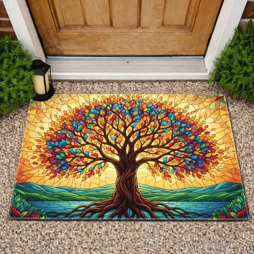 Tree of Life Stained Glass Scenic Landscape - Spiritual Nature Home Decor Gift Doormat