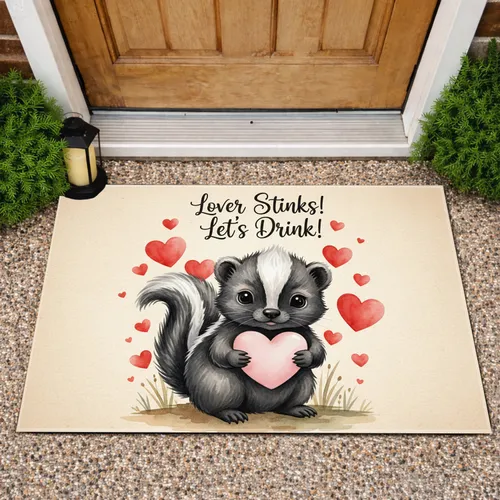 Baby Skunk Pink Heart 'Lover Stinks! Let's Drink!' - Funny Relationship Humor Gift Doormat