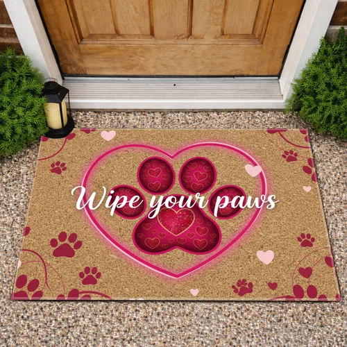 Wipe Your Paws Pink Heart Paw Print - Pet Lover Home Decor Gift Doormat