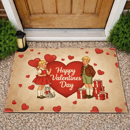 Girl Boy Kitten Rustic Red Heart Valentines Day Balloons Gift Boxes Celebration Doormat