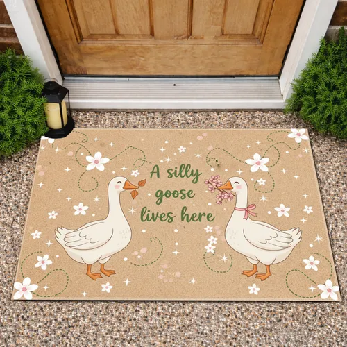 Silly Goose Lives Here Text Geese Flowers - Everyday Home Decor Gift Doormat