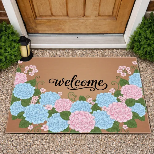 Welcome Script Hydrangea Bloom Garland - Everyday Welcoming Outdoor Home Decor Gift Doormat
