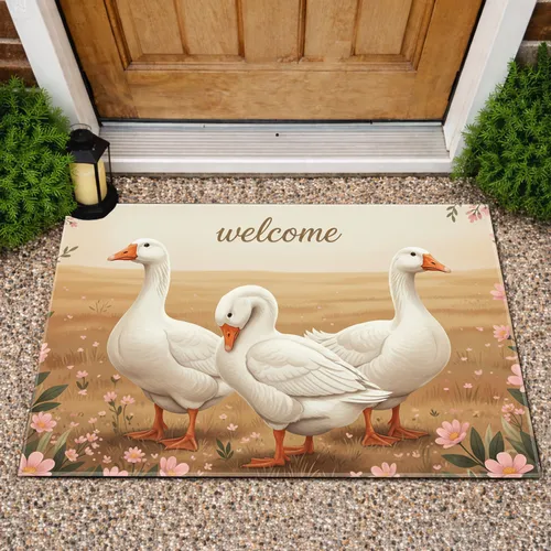 White Geese Pink Wildflower Welcome - Farmhouse Home Decor Gift Doormat