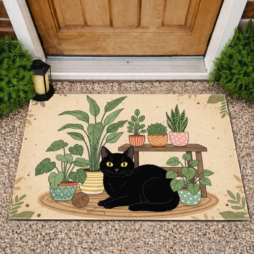 Black Cat Houseplants Garden - Home Decor Gift for Cat Owners Doormat