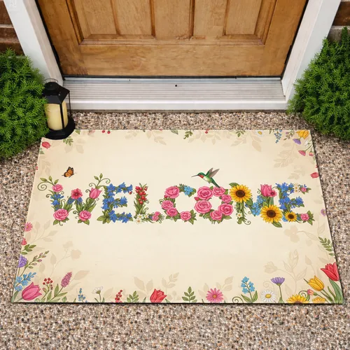 Welcome Floral Typography Hummingbird Butterfly - Inviting Home Decor Gift Doormat