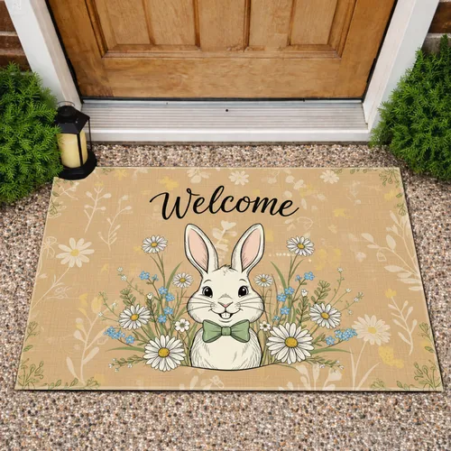 Cheerful Bunny Wildflowers Welcome - Farmhouse Entryway Garden Decor Doormat