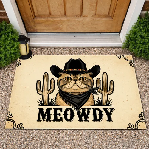 Flat-Faced Cat Cowboy Hat Meowdy - Western Home Decor Gift for Cat Lover Doormat