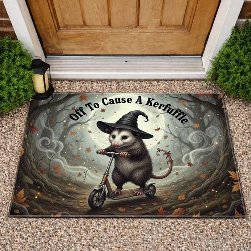 Mischievous Opossum Witch Hat Scooter - Off To Cause A Kerfuffle Halloween Decor Doormat