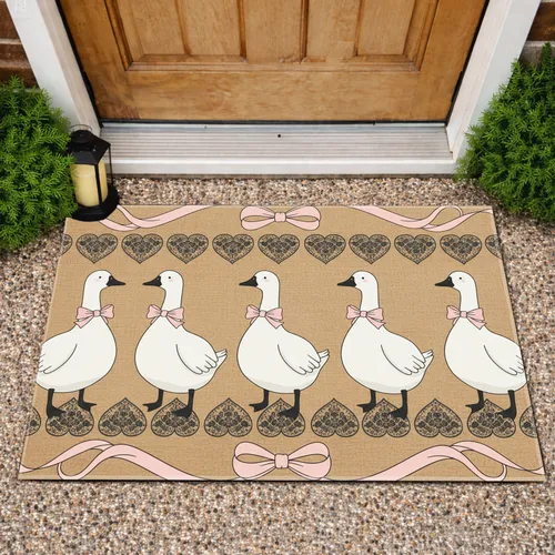Six Plump White Geese Pink Bows Hearts Floral - Farmhouse Home Decor Gift Doormat