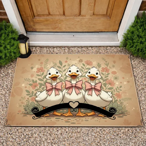White Ducks Pink Bow Heart Scroll Floral Greenery - Home Accent Gift Doormat
