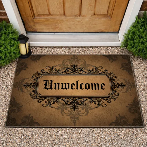Unwelcome Gothic Text Victorian Scrollwork Damask - Home Decor Gift for Gothic Art Lover Doormat