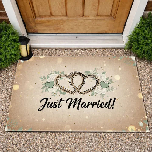 Intertwined Hearts Just Married Script - Wedding Celebration Newlyweds Gift Doormat