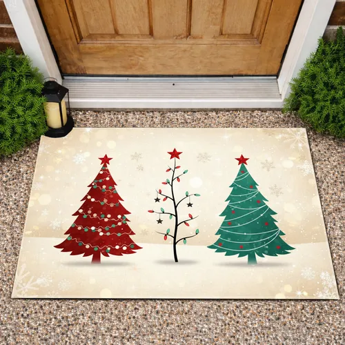 Red Black Teal Christmas Trees Snowflakes Stars - Christmas Holiday Home Decor Gift Doormat