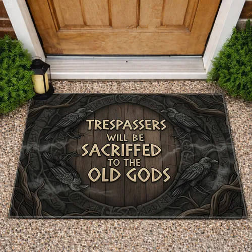 Old Gods Raven Runic Text Norse Knotwork - Dark Fantasy Decor Gift Doormat