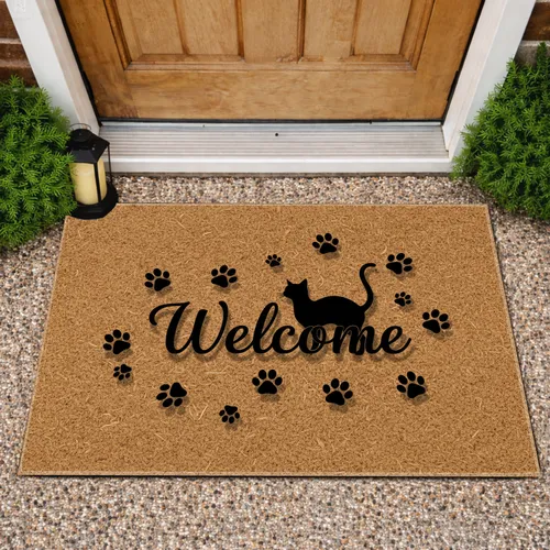 Welcome Black Cat Paw Prints - Home Decor Gift for Cat Lover Doormat