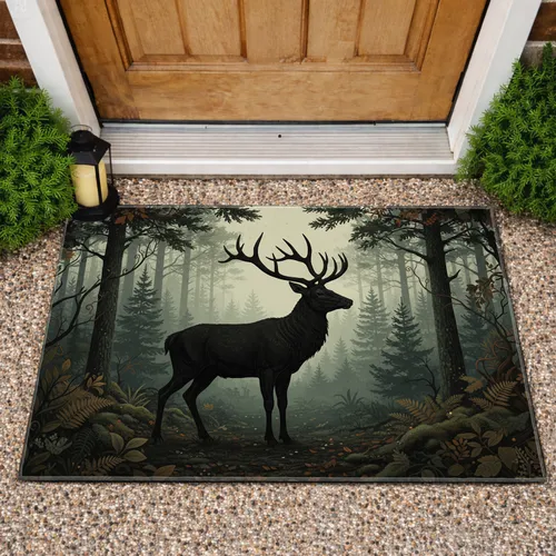 Charcoal Stag Textured Antlers Silhouette Pine Forest Woodland - Wildlife Home Decor Gift Doormat