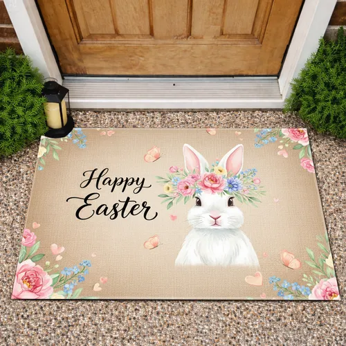 White Easter Bunny Happy Easter Flower Crown Pastel Floral Butterflies - Easter Holiday Doormat