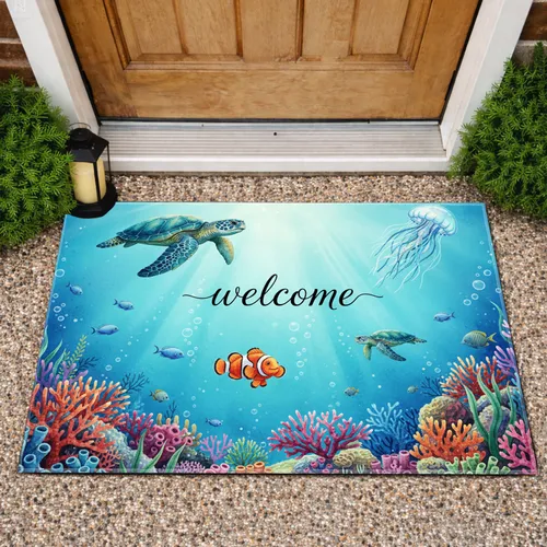 Welcome Clownfish Sea Turtle Coral Reef Blue Tropical Fish Underwater Scene - Home Decor Doormat
