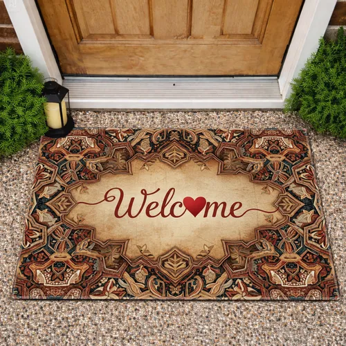 Welcome Red Heart Script Rustic Geometric Floral Tapestry - Everyday Home Decor Doormat