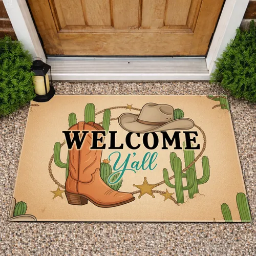 Cowboy Boot Hat Welcome Y'all Rustic Desert Western Decor Gift Doormat