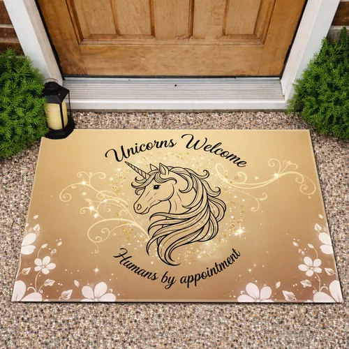 Unicorns Welcome Humans by Appointment Golden Stardust Sign - Fantasy Home Decor Gift Doormat