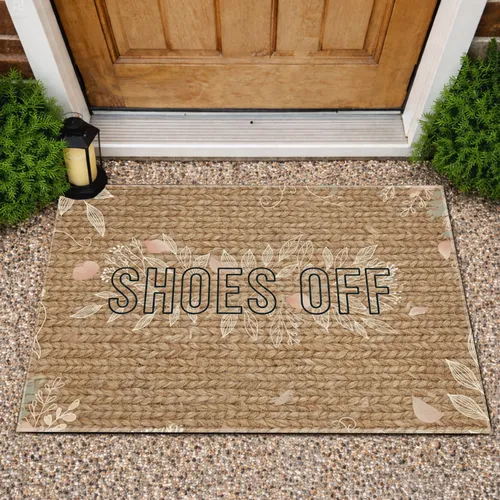 SHOES OFF Text Botanical Flower Petals – Home Entry Guest Welcome Decor Doormat