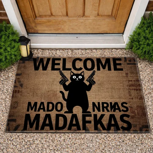 Black Cat Handguns Welcome Madafkas - Outdoor Entrance Decor Gift Doormat