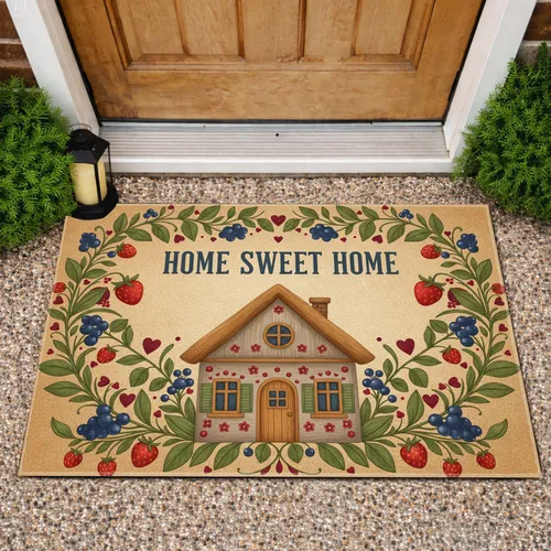 Home Sweet Home Folk Art House Rustic Botanical Vines Berries - Home Decor Gift Doormat